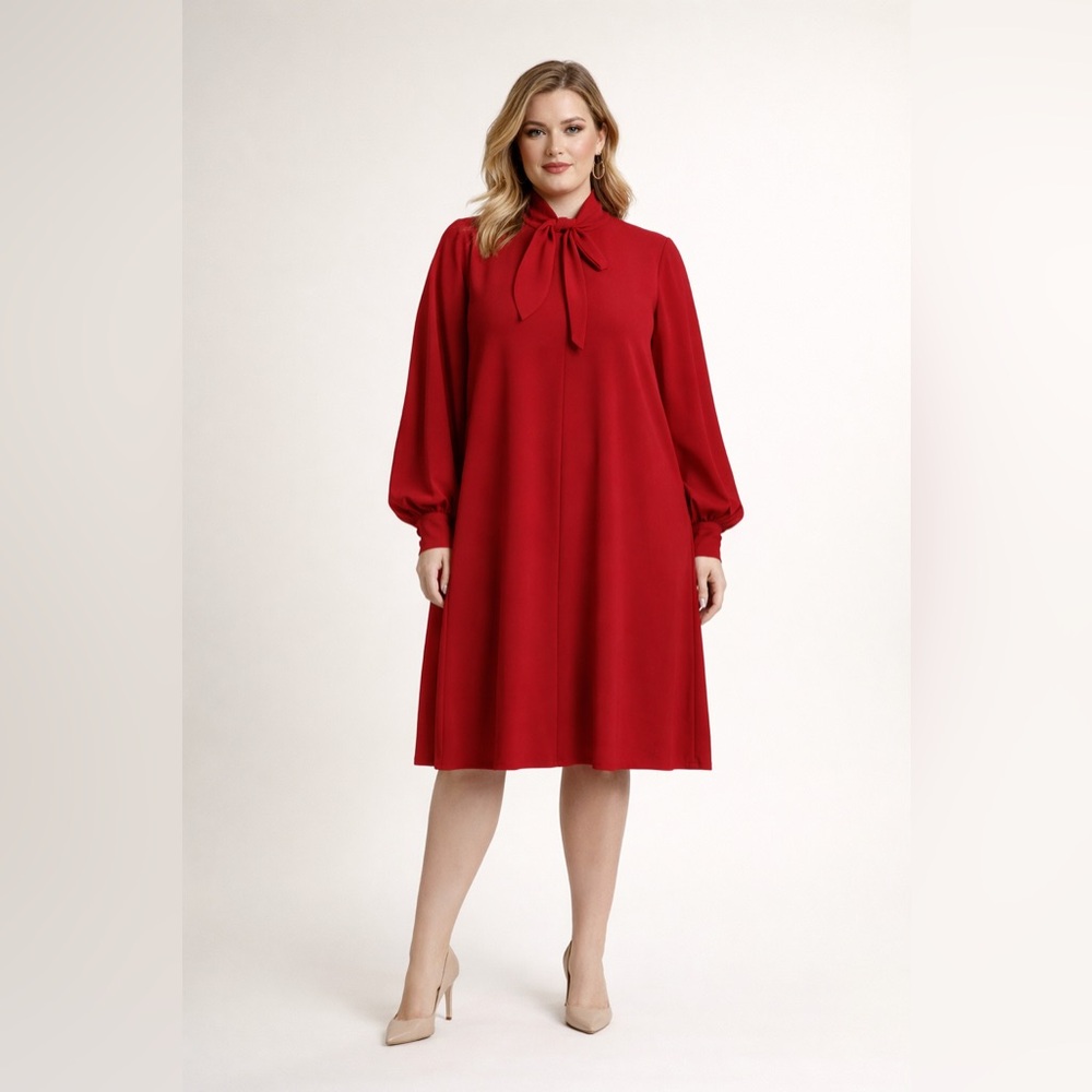 CO Red Crepe Tie‎ Neck Bishop Sleeve Dress Sz. XL